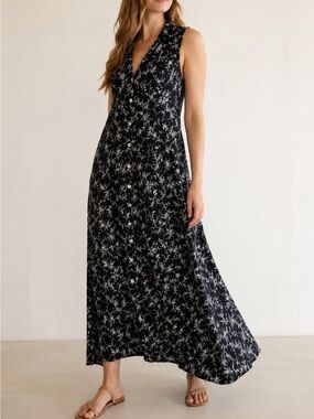 Molly Malloy Black White Floral Rayon Maxi Dress Size 12 Button Front Sleeveless